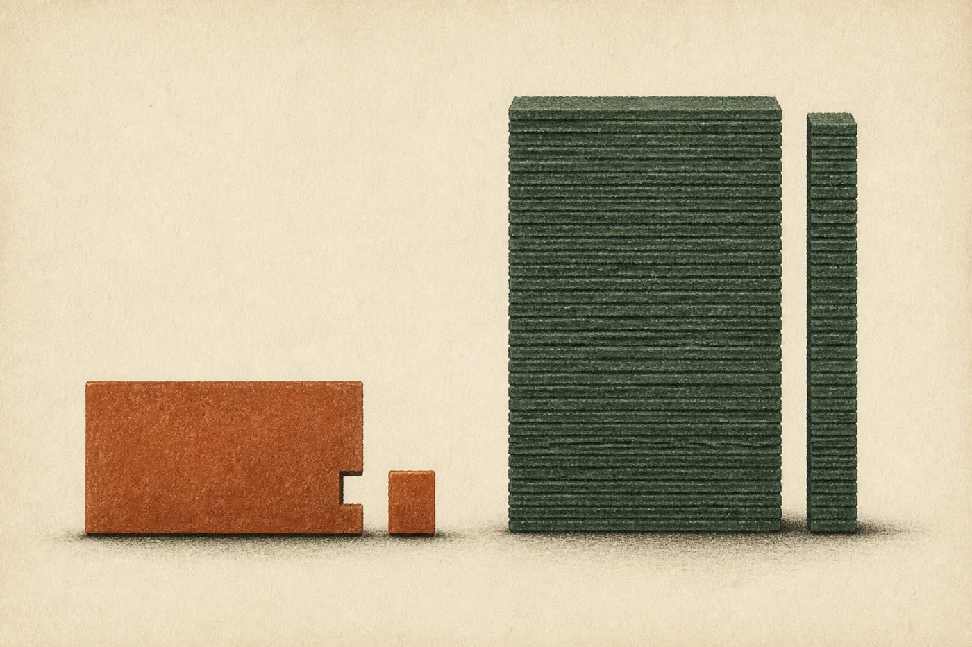 No copyright restriction A rust slab with a small chip beside a tall green stack with a slice taken off.