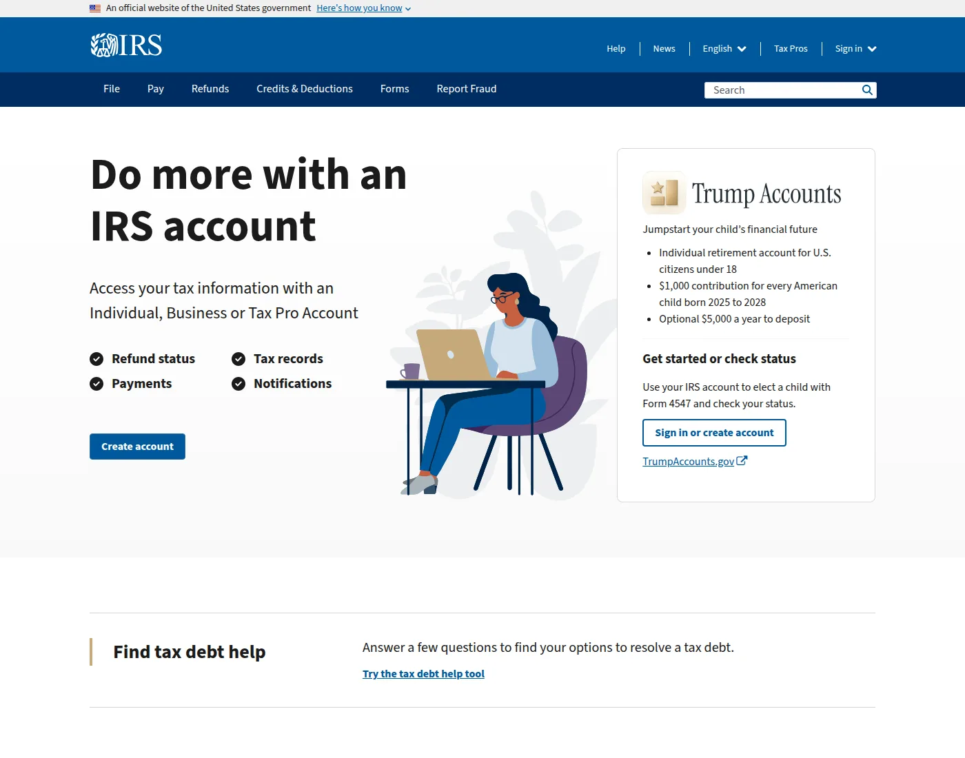 IRS IRS homepage, with Credits and Deductions in the main navigation.