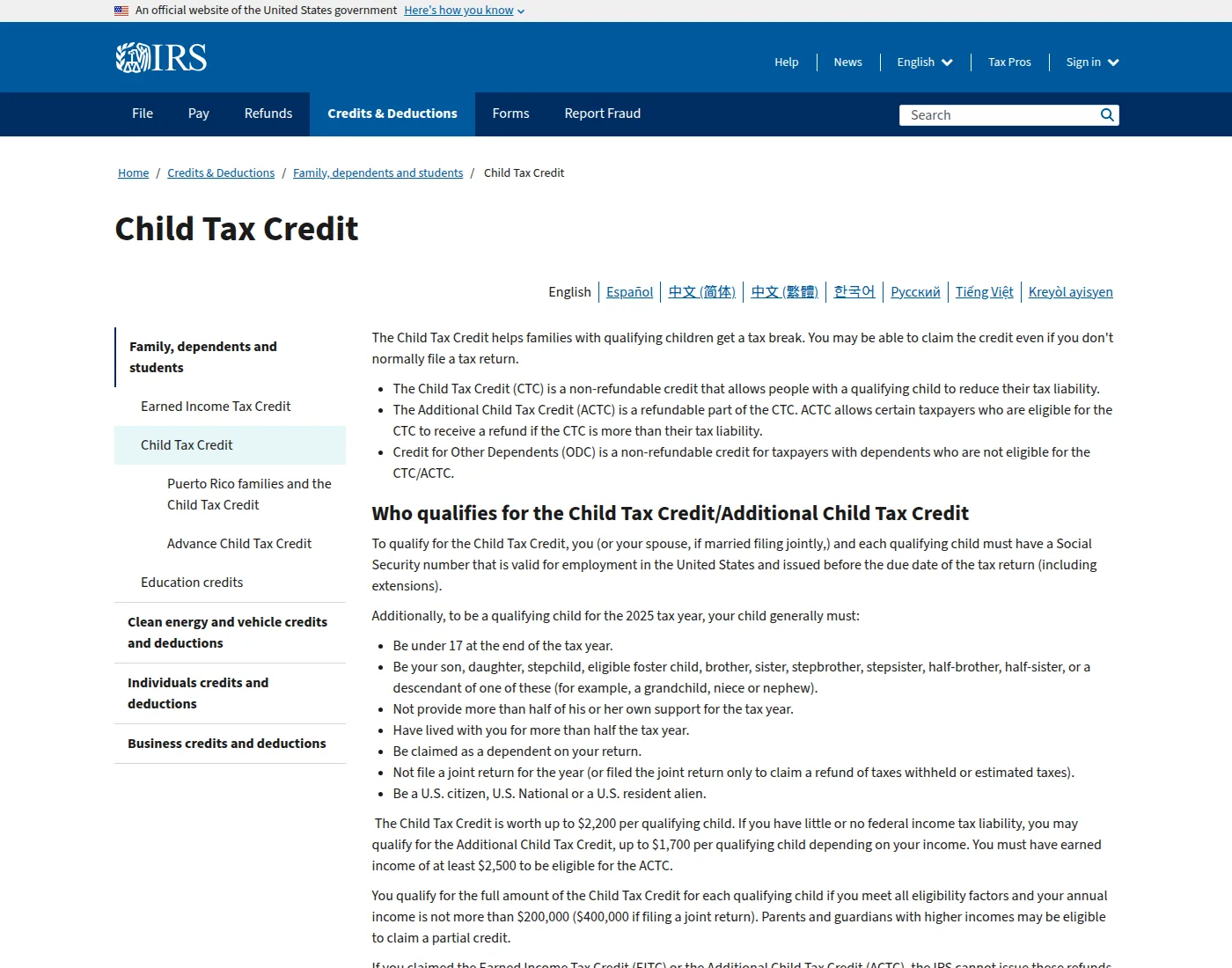 IRS IRS page on the Child Tax Credit and Additional Child Tax Credit.