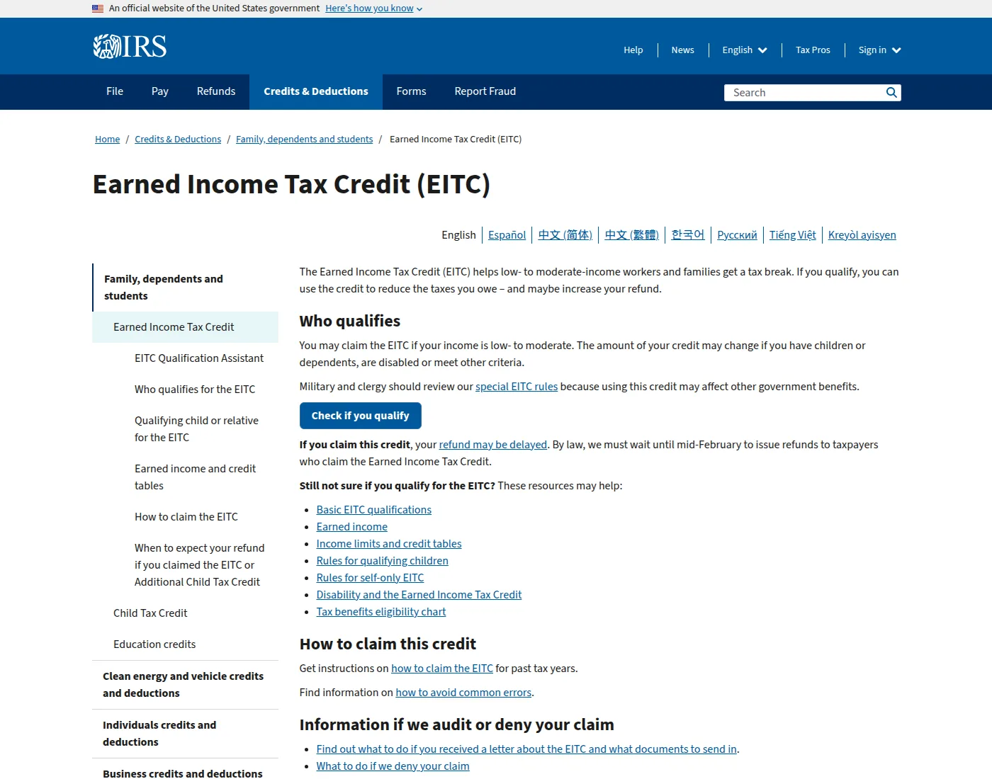 IRS IRS page on the Earned Income Tax Credit.