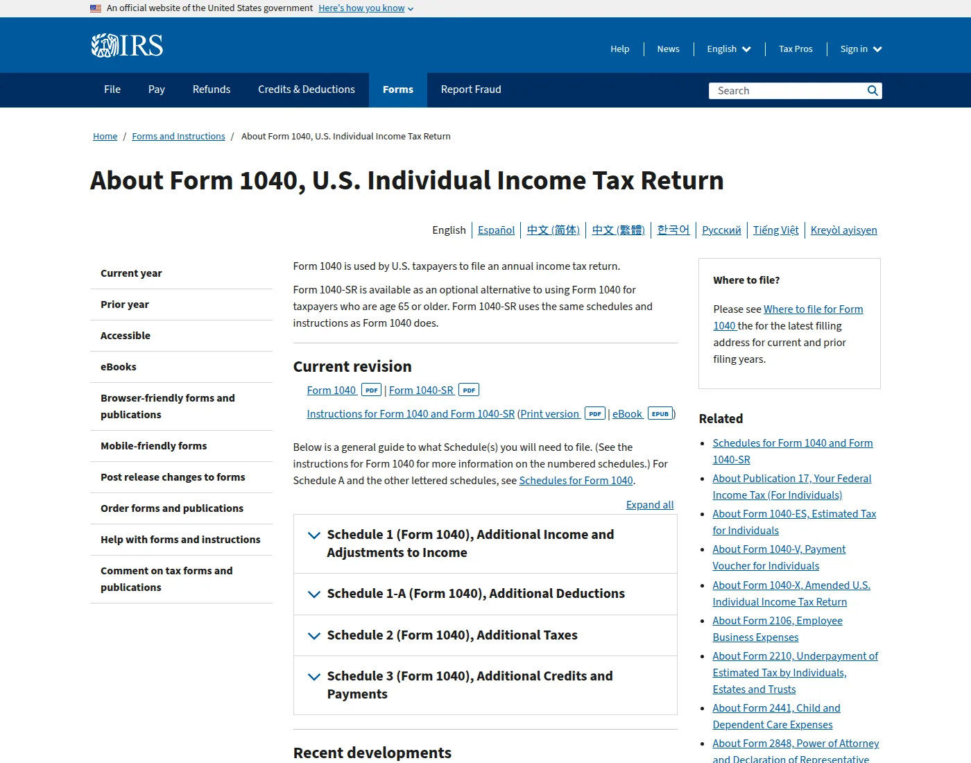 IRS IRS About Form 1040 page, listing Schedule 1-A for additional deductions and Schedule 3 for additional credits.