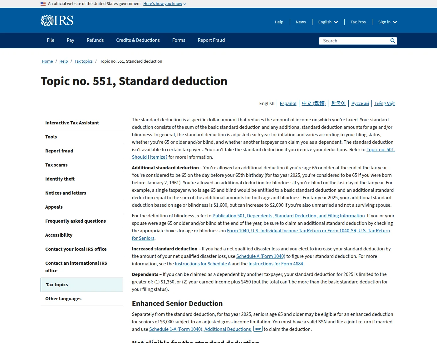 IRS IRS Topic no. 551 on the standard deduction.