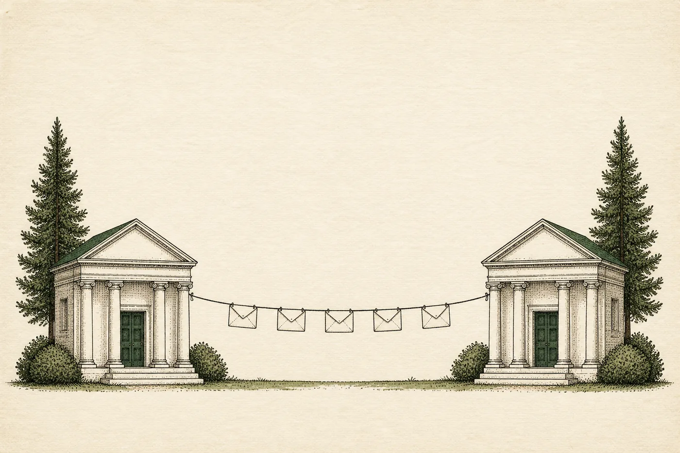 Two small bank buildings connected by a wire with envelopes hanging along it.
