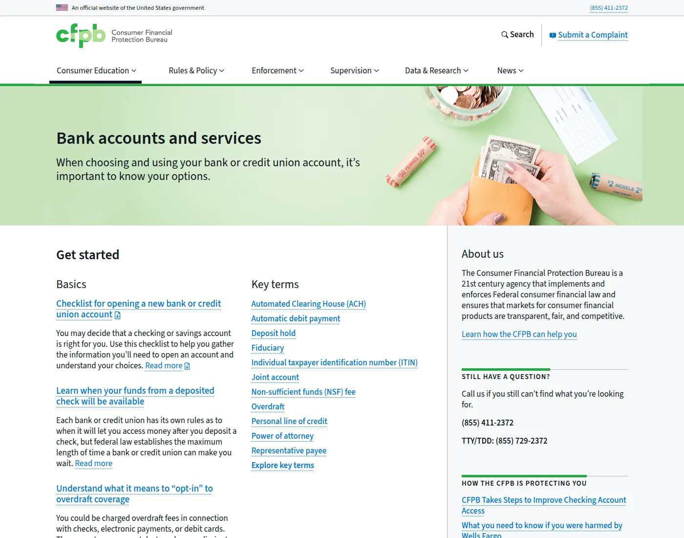 CFPB bank accounts page, listing Automated Clearing House among key account terms.