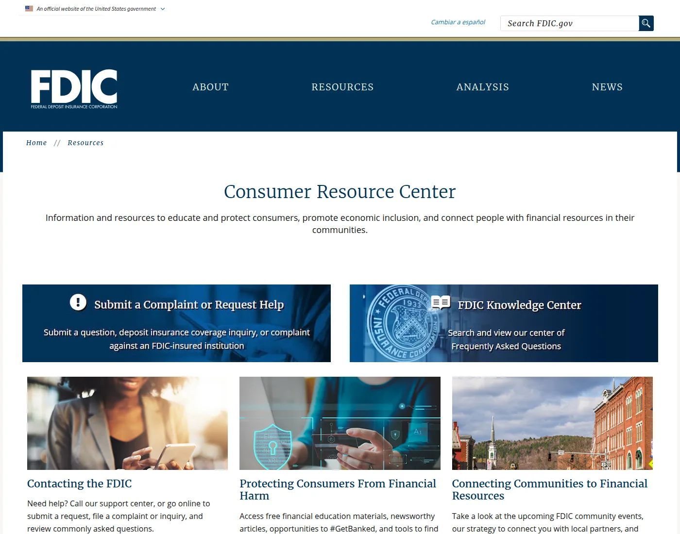 FDIC Consumer Resource Center, for questions about insured institutions and account deposits.