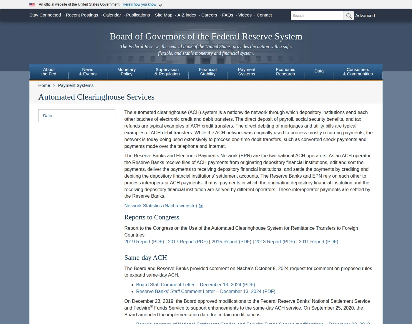Federal Reserve Board page on Automated Clearinghouse Services, defining ACH credits and debits.