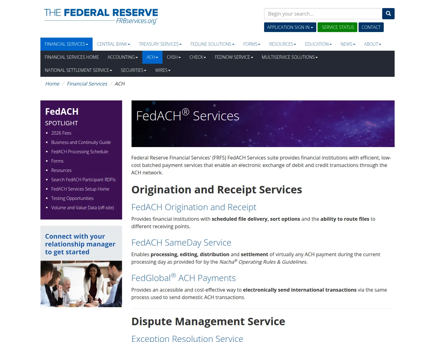 Federal Reserve Banks FedACH Services page, describing batched credit and debit exchange.