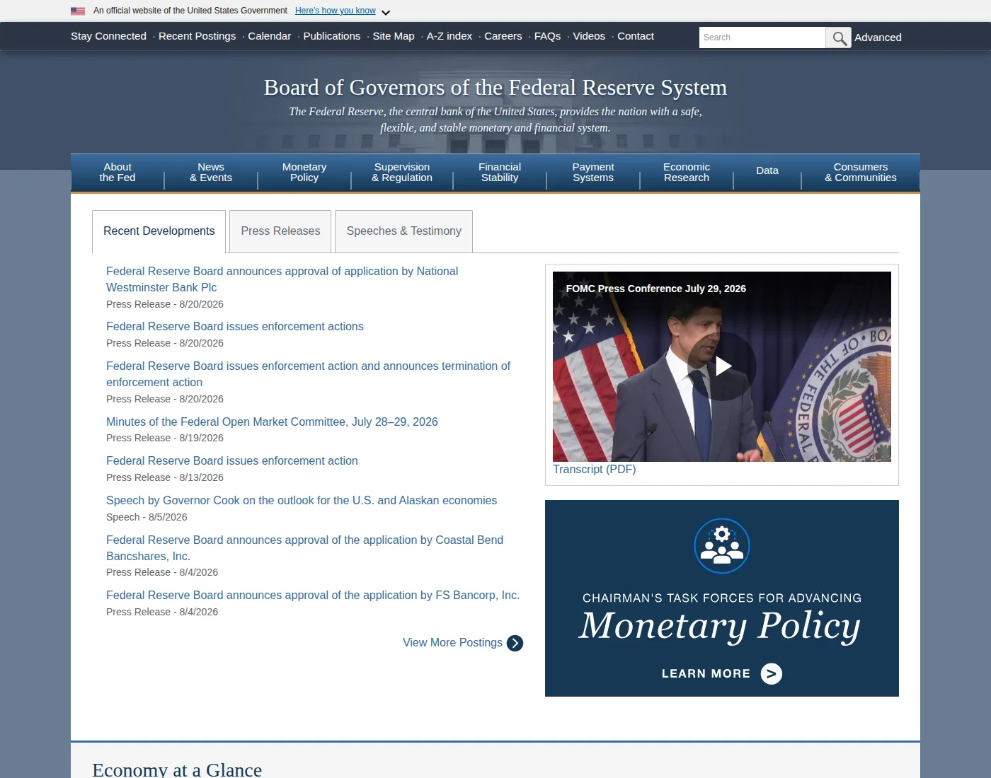 Federal Reserve Board homepage, showing Payment Systems in the main navigation.