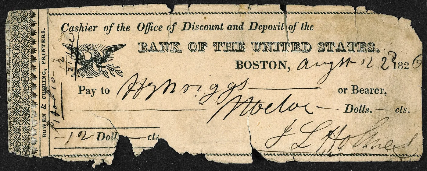 An old paper check from the Bank of the United States, filled out by hand.