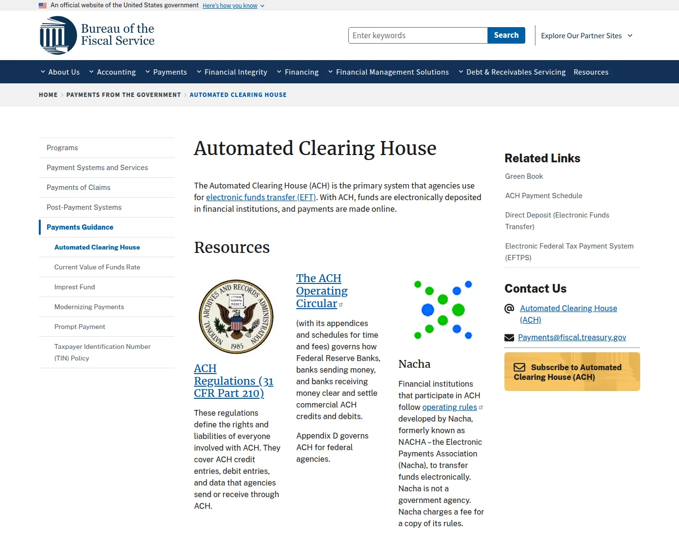 Treasury Bureau of the Fiscal Service page on Automated Clearing House payments.