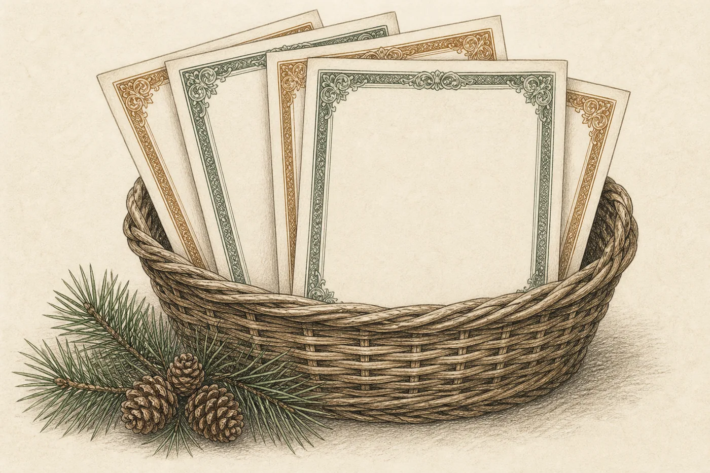A woven basket holding blank certificates with ornate green and gold borders.