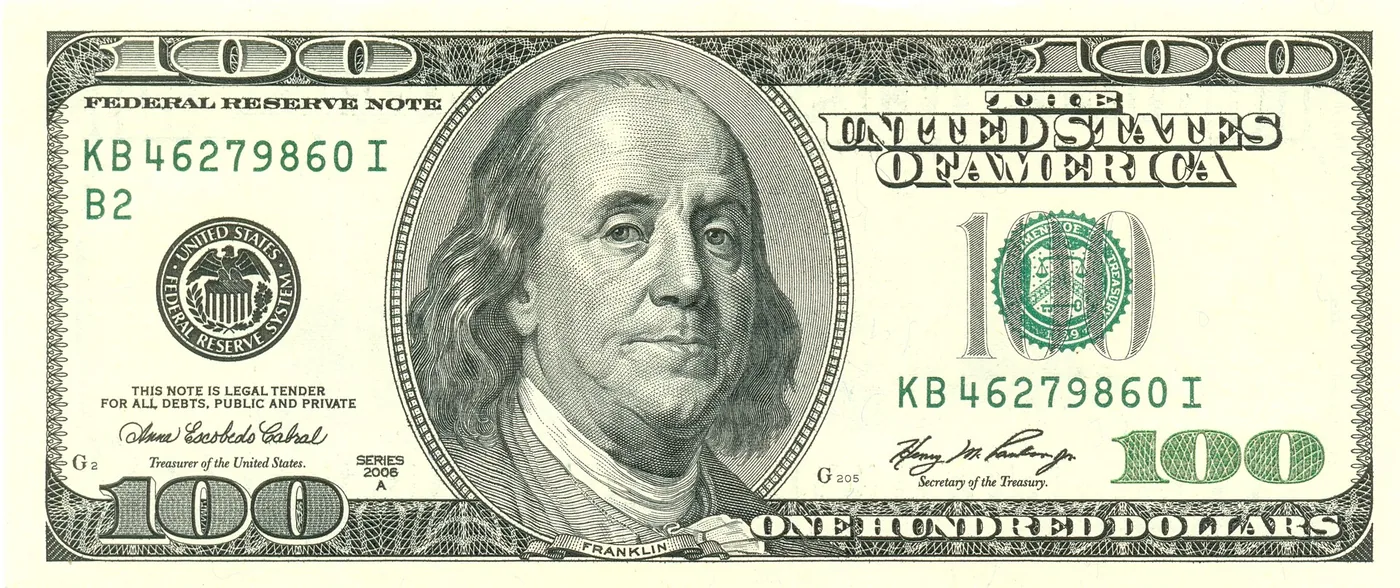 The front of a United States hundred-dollar bill.