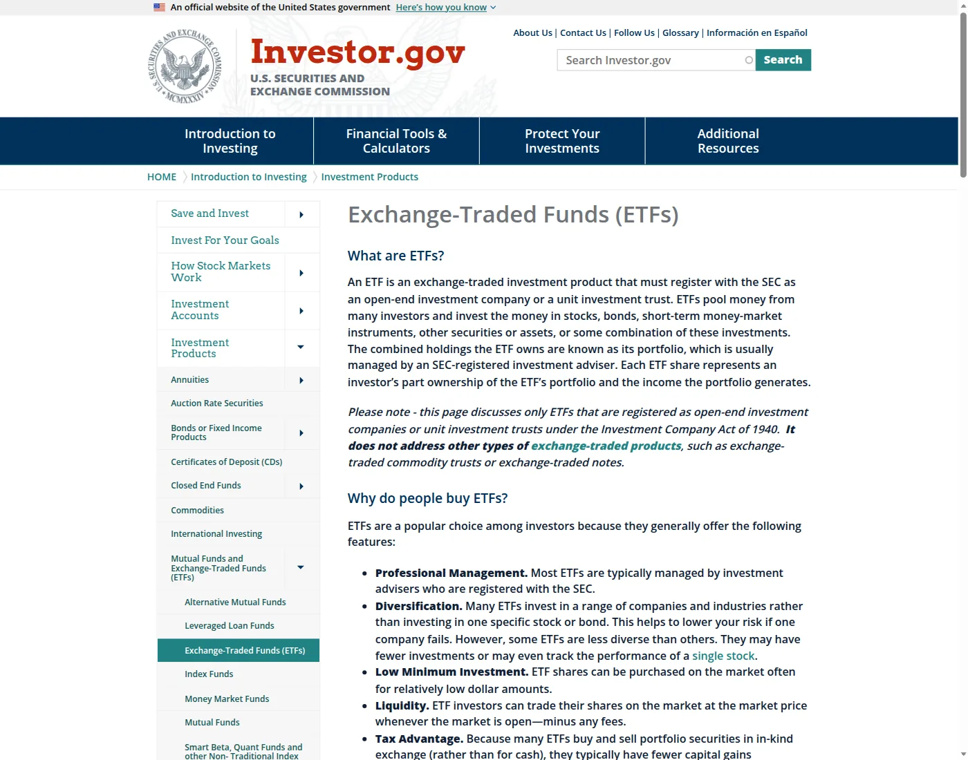 SEC SEC Investor.gov page on exchange-traded funds.