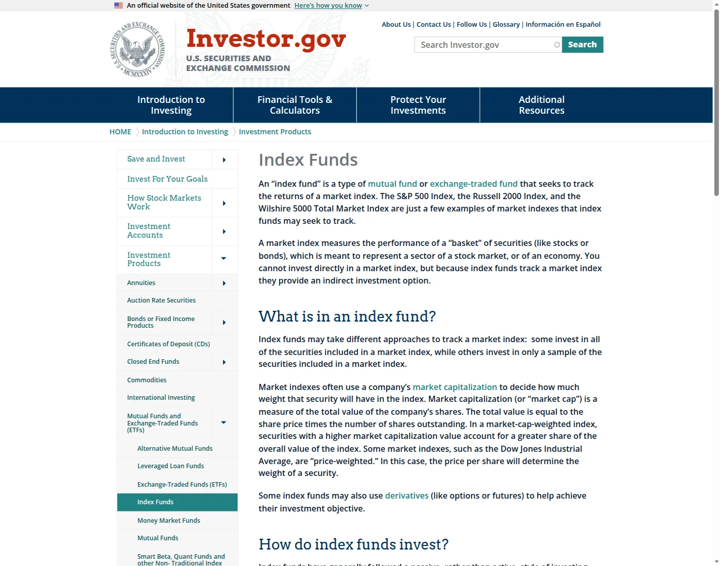 SEC SEC Investor.gov Index Funds page, on tracking a market index and market-cap weights.