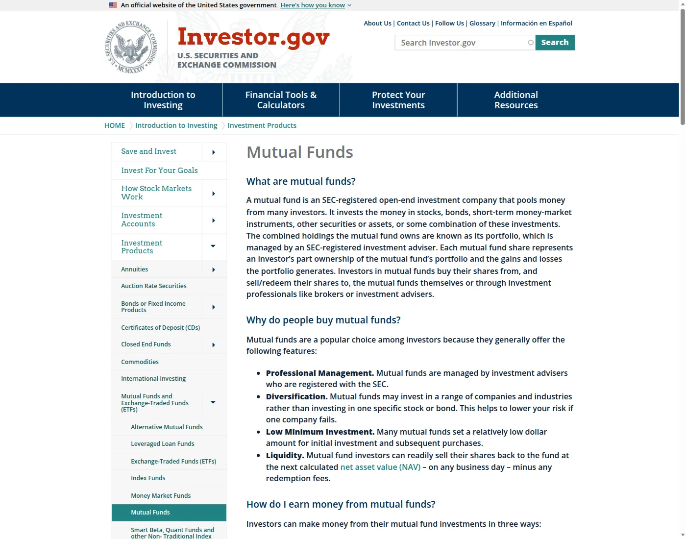 SEC SEC Investor.gov page defining mutual funds as pooled, registered portfolios.