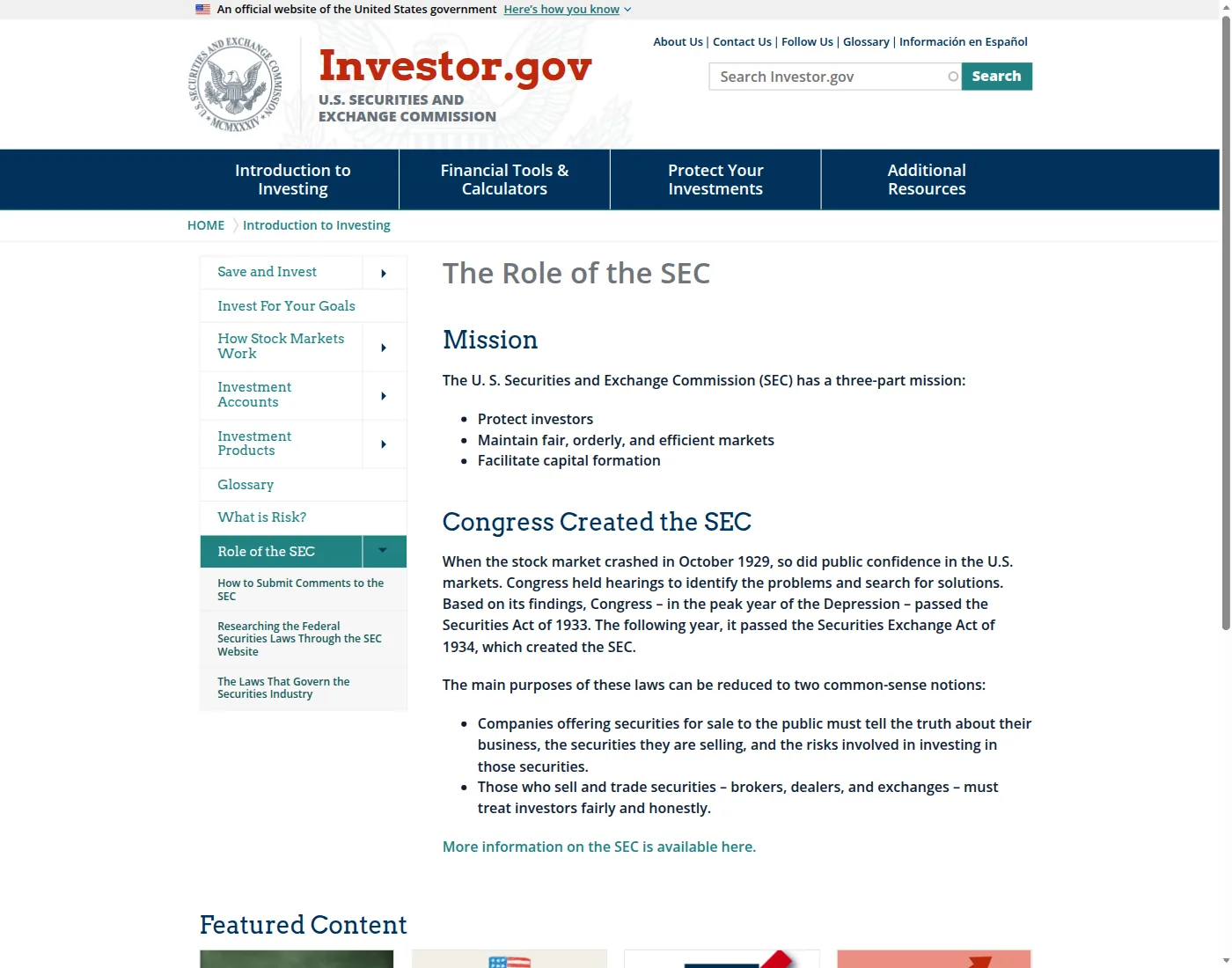 SEC SEC Investor.gov page on the role of the SEC in investor protection and markets.