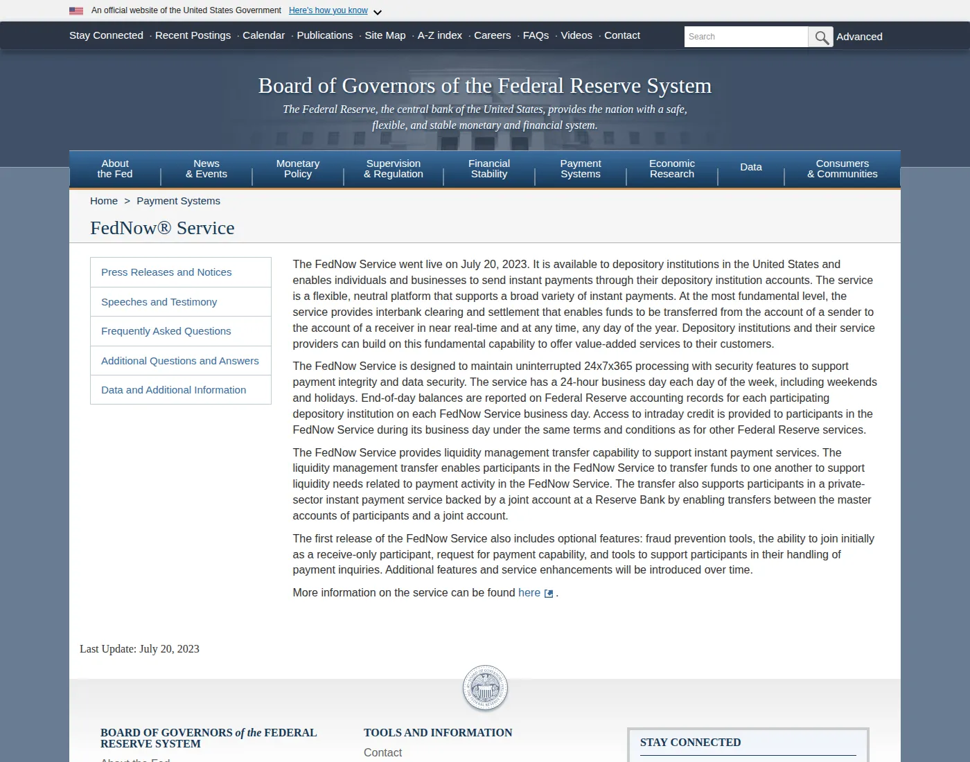Federal Reserve Federal Reserve Board page on the FedNow Service, describing 24x7x365 interbank clearing and settlement.